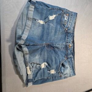 Enjean Medium Wash Distressed Cuffed Denim Shorts Size Large